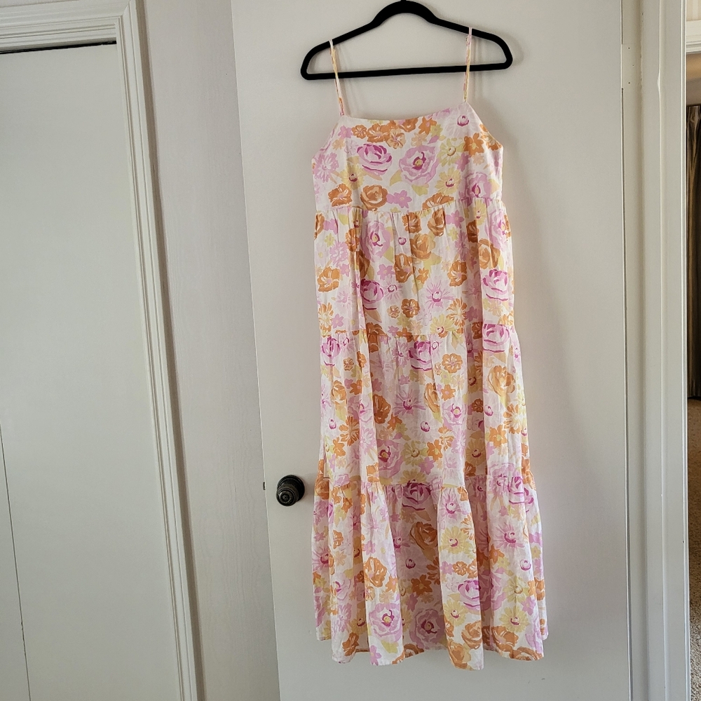 Charlie Holiday Isabella Pink Floral Tiered Maxi Dress Linen M Anthropologie